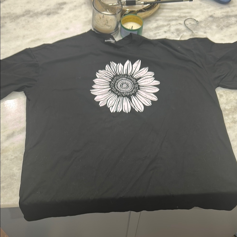 Black T-Shirt with White Sunflower Design